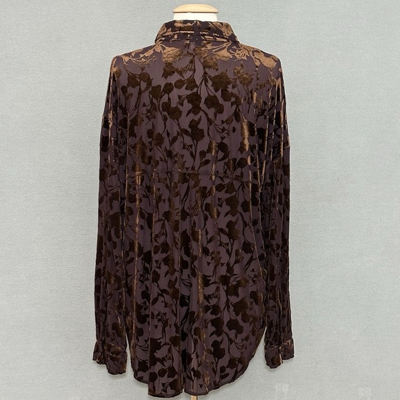 ACOA Y2K Velvet Burnout Blouse Brown Floral Button Front Long Sleeve L - Picture 4 of 11